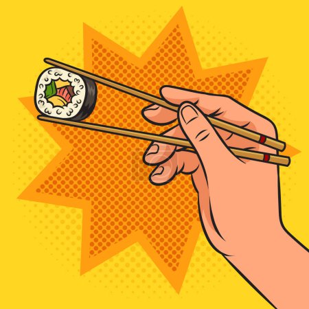 hand holding sushi roll with chopsticks pinup pop art retro raster illustration. Comic book style imitation.