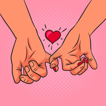 Couple in love hold hands pinup pop art retro raster illustration. Comic book style imitation.