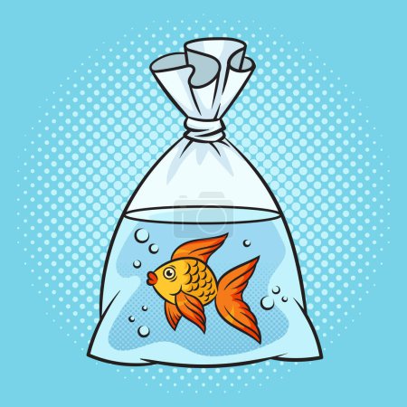 Téléchargez les photos : Aquarium poisson rouge dans un sac en plastique avec illustration pop art rétro raster pinup. imitation de style BD. - en image libre de droit