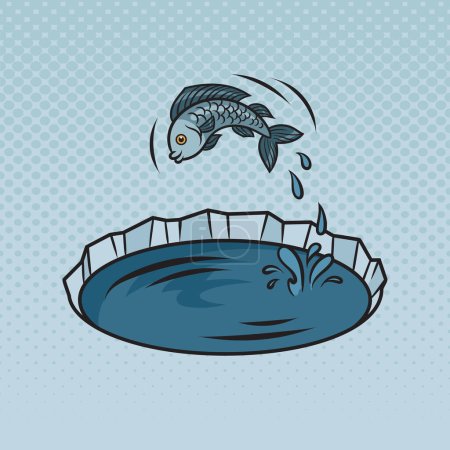 Téléchargez les photos : Fish jumping out of hole in ice pinup pop art retro raster illustration. Comic book style imitation. - en image libre de droit
