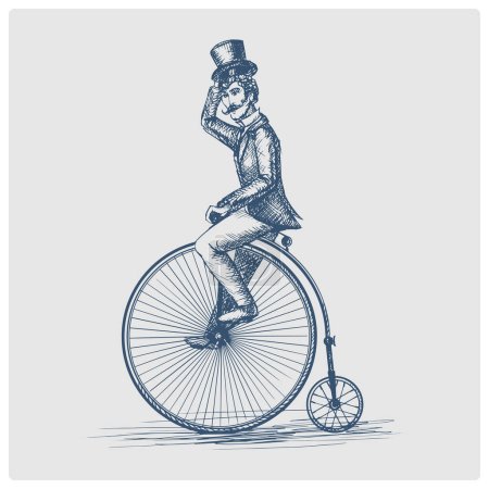 Homme sur rétro vintage vieux vélo esquisse obsolète illustration raster de style bleu. Ancienne gravure azur dessinée à la main imitation.