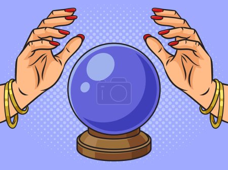 Photo for Hands of fortune teller clairvoyant over magic crystal ball pinup pop art retro raster illustration. Comic book style imitation. - Royalty Free Image