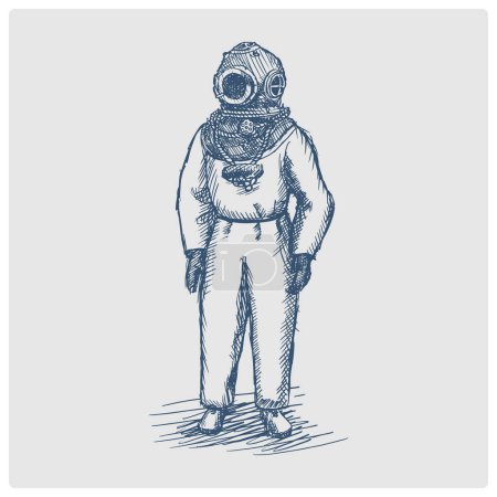 Téléchargez les photos : Vintage plongeur homme avec robe de plongée croquis obsolète illustration raster de style bleu. Ancienne gravure azur dessinée à la main imitation. - en image libre de droit