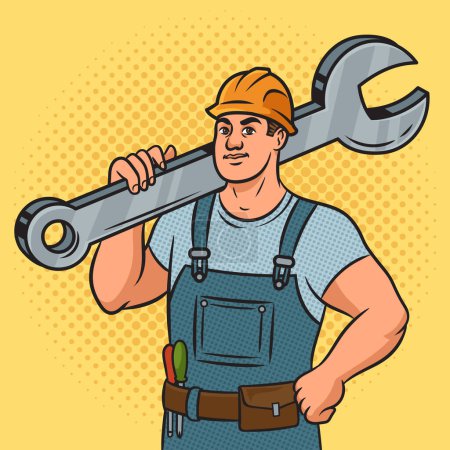 Photo for Worker with huge wrench pinup pop art retro raster illustration. Comic book style imitation. - Royalty Free Image