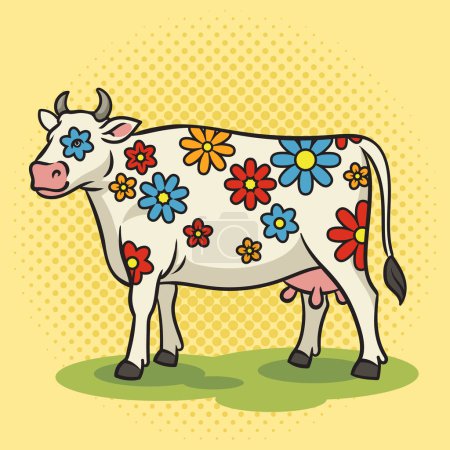 Téléchargez les photos : Vache avec des fleurs au lieu de taches pinup pop art rétro illustration raster. imitation de style BD. - en image libre de droit