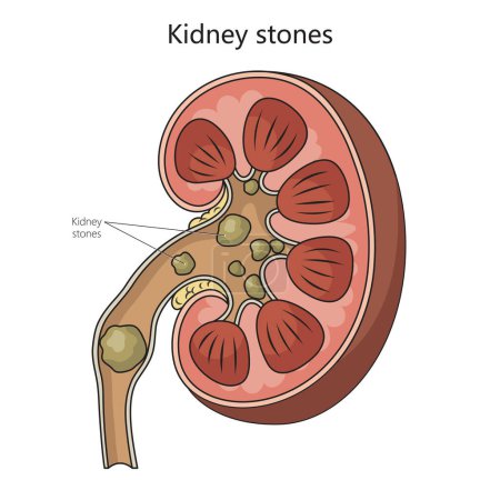 Kidney stone disease diagram schematic raster illustration. Medical science educational illustration