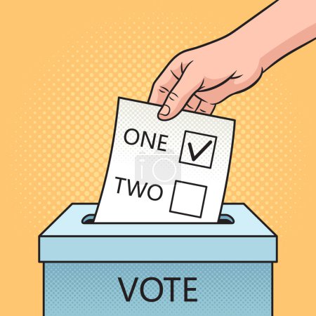 Téléchargez les photos : Main mettant le papier de bulletin de vote dans l'urne avec l'illustration de raster de pop art de vote. imitation de style BD. - en image libre de droit