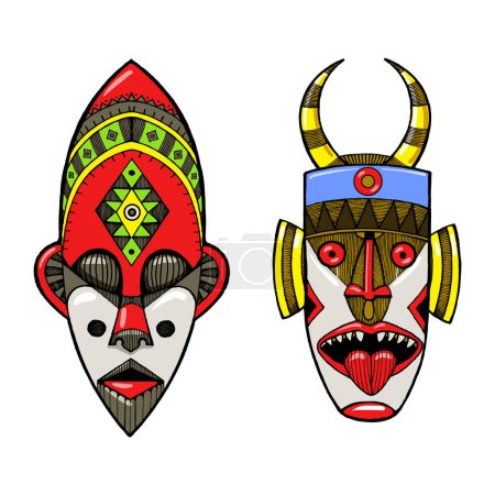 Foto de Máscaras africanas de salvajes grabado boceto dibujado a mano ilustración raster color. Scratch board estilo imitación. Imagen dibujada a mano. - Imagen libre de derechos