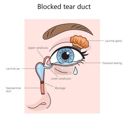 Blockiertes Tränenkanalstrukturdiagramm, handgezeichnete schematische Rasterdarstellung. Pädagogische Illustration der Medizinwissenschaften