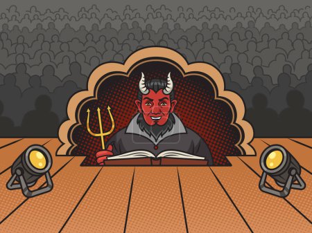 Devil in prompter booth box on theater stage pinup pop art retro hand drawn raster illustration. Comic book style imitation.
