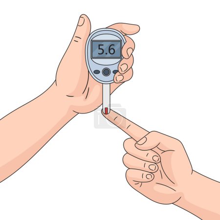 Human hands with glucose meter blood test glucometer medical device hand drawn schematic raster illustration. Medical science educational illustration