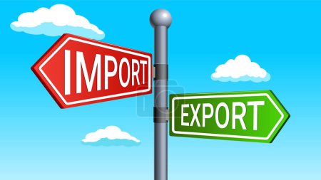 Rot-grüne Pfeile signalisieren Import-Export konzeptionelle Illustration auf blauem Himmel Hintergrund. Raster-Illustration
