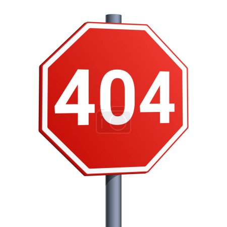 Stoppschild mit 404 Fehlerseite rotes Verkehrszeichen isoliert auf weißem Hintergrund. Konzeptionelle Illustration. Handgezeichnete Farbraster-Illustration.