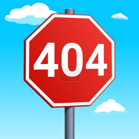 Stoppschild mit 404 Fehlerseite rotes Verkehrszeichen isoliert auf blauem Himmel Hintergrund. Konzeptionelle Illustration. Handgezeichnete Farbraster-Illustration.