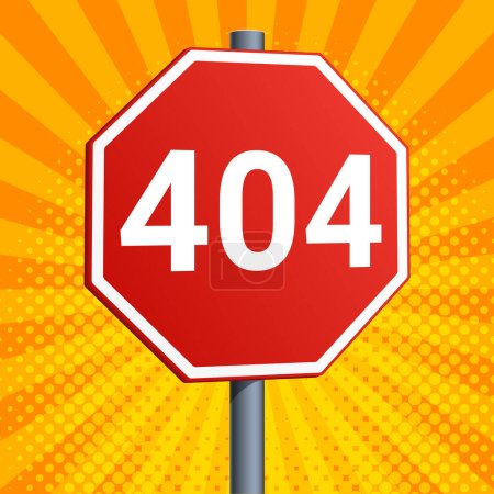 Stop sign with 404 error page red road sign isolated on yellow background. Conceptual illustration. Hand drawn color raster illustration.