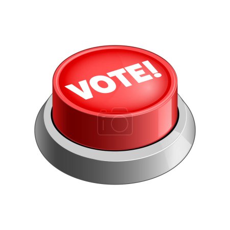 vibrant red button with the word VOTE emphasized on a shiny metallic base on white background raster illustration. Concept illustration. Hand drawn color raster illustration.