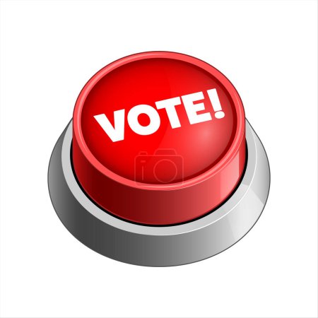 vibrant red button with the word VOTE emphasized on a shiny metallic base on white background raster illustration. Concept illustration. Hand drawn color raster illustration.