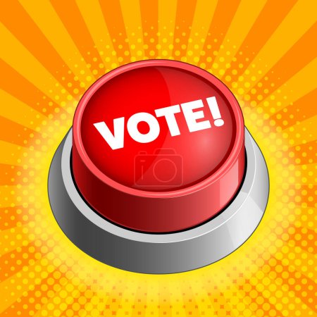 Ein leuchtend roter Knopf mit dem Wort VOTE auf einem metallisch glänzenden Sockel auf gelbem Hintergrund. Konzeptillustration. Handgezeichnete Farbraster-Illustration.