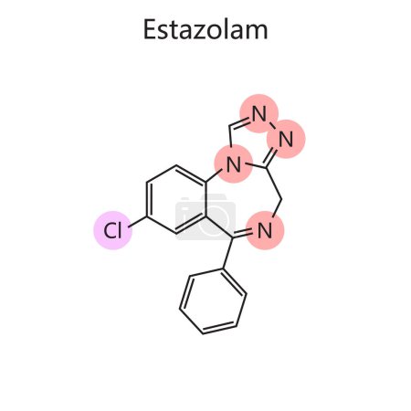 Fórmula química orgánica del diagrama de Estazolam ilustración de trama esquemática dibujada a mano. Ilustración educativa de ciencias médicas