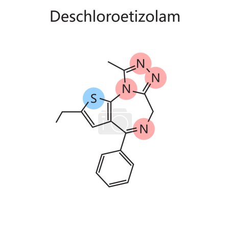 Chemische organische Formel des Deschloroetizolam-Diagramms, handgezeichnete schematische Rasterdarstellung. Pädagogische Illustration der Medizinwissenschaften