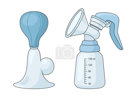 manual milk breast pump with detachable parts, highlighting its components diagram hand drawn schematic raster illustration. Medical science educational illustration