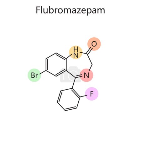 Chemische organische Formel des Flubromazepam-Diagramms, handgezeichnete schematische Rasterdarstellung. Pädagogische Illustration der Medizinwissenschaften