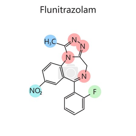 Chemische organische Formel des Flunitrazolam-Diagramms handgezeichnete schematische Rasterdarstellung. Pädagogische Illustration der Medizinwissenschaften
