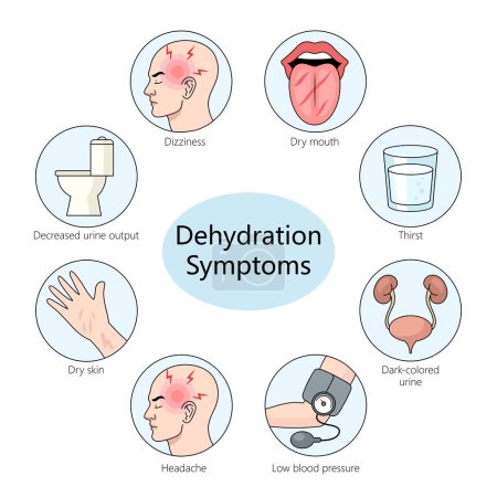 Photo for Common symptoms of dehydration including dizziness, dry mouth, and thirst diagram hand drawn schematic raster illustration. Medical science educational illustration - Royalty Free Image