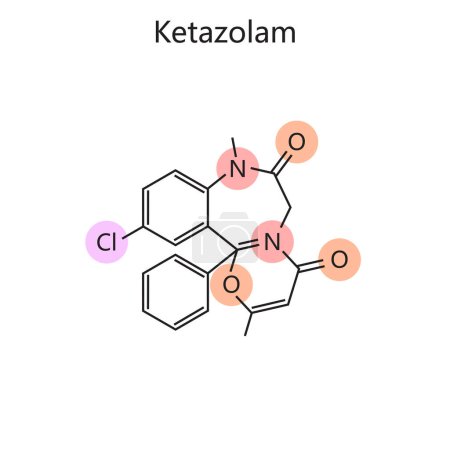 Chemische organische Formel des Ketazolam-Diagramms, handgezeichnete schematische Rasterdarstellung. Pädagogische Illustration der Medizinwissenschaften