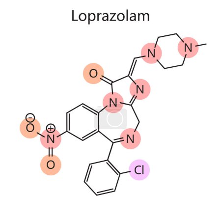 Chemical organic formula of Loprazolam diagram hand drawn schematic raster illustration. Medical science educational illustration