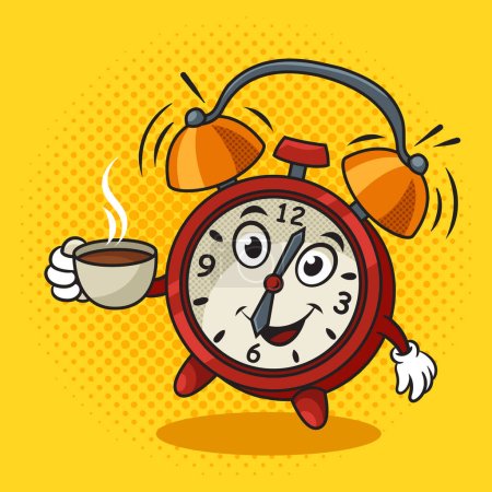 Téléchargez les illustrations : Réveil dessin animé avec tasse de café dans la main pinup illustration vectorielle rétro pop art. imitation de style BD. - en licence libre de droit