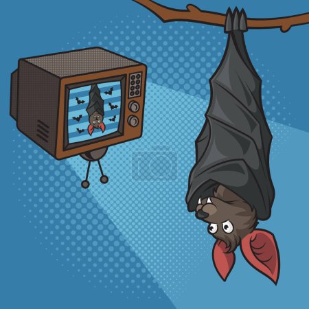 Ilustración de Murciélago de dibujos animados viendo la televisión al revés pinup arte pop retro vector ilustración. Imitación estilo cómic. - Imagen libre de derechos