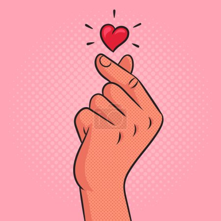 Finger heart love hand gesture pinup pop art retro vector illustration. Comic book style imitation.