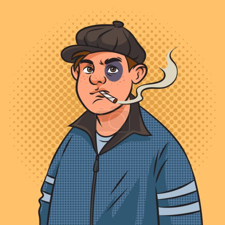 Illustration for Hooligan bully man with black eye pinup pop art retro vector illustration. Comic book style imitation. - Royalty Free Image