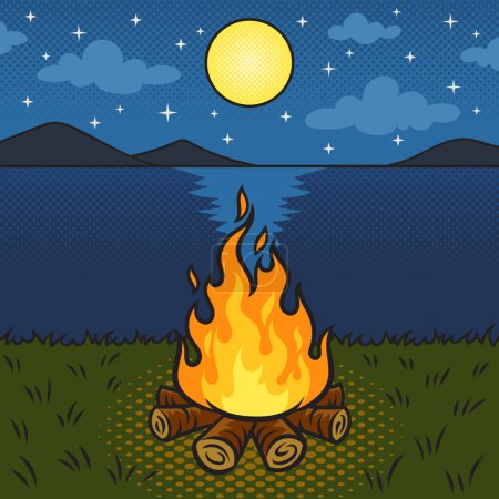 fire on the shore of the pond pinup pop art retro vector illustration. Comic book style imitation.