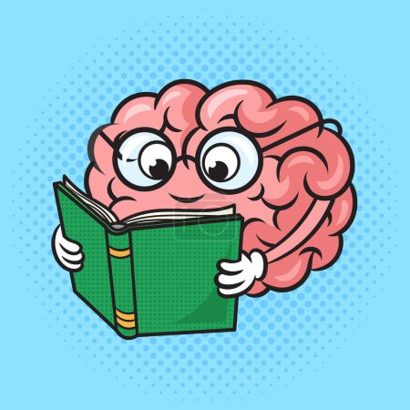 Illustration for Brain reading book pinup pop art retro vector illustration. Comic book style imitation. - Royalty Free Image