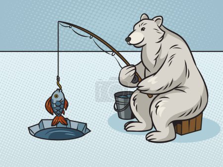 Polar Bear fishing with fishing rod in hole in ice color pinup pop art retro vector illustration. Comic book style imitation.
