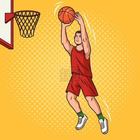 Basketballspieler legt den Ball in den Korb Pop-Art Retro-Vektorillustration. Nachahmung im Comic-Stil.