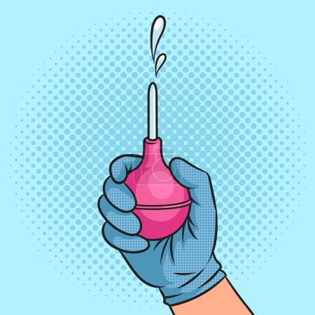 Illustration for Douche enema in hand medical tool pinup pop art retro vector illustration. Comic book style imitation. - Royalty Free Image