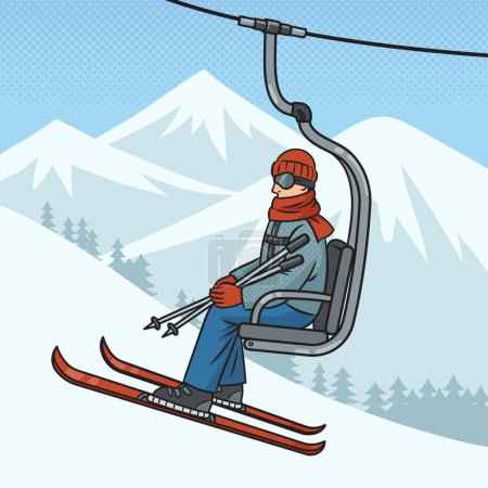 Illustration for Skier rides mountain on ski lift pinup pop art retro vector illustration. Comic book style imitation. - Royalty Free Image