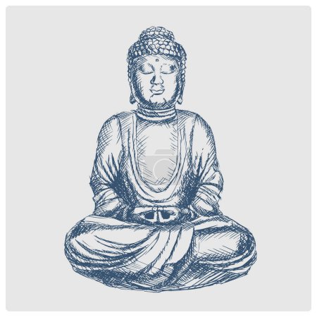 meditating buddha statue sketch obsolete blue style vector illustration. Old hand drawn azure engraving imitation.