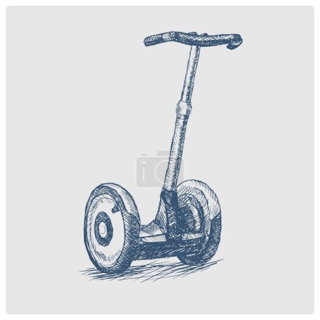 Illustration for Two wheeled scooter electric vehicle sketch obsolete blue style vector illustration. Old hand drawn azure engraving imitation. - Royalty Free Image