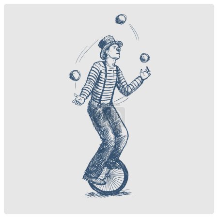 Juggler man circus on retro vintage old unicycle sketch obsolete blue style vector illustration. Old hand drawn azure engraving imitation.