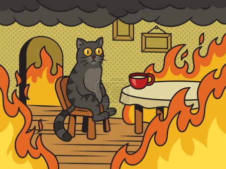 Téléchargez les illustrations : Cat in fire mème Ceci est une illustration vectorielle rétro pop art pinup fine. imitation de style BD. - en licence libre de droit