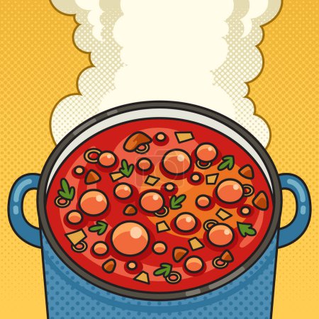 Suppe wird in Topf Pinup Pop Art Retro-Vektorillustration gekocht. Nachahmung im Comic-Stil.