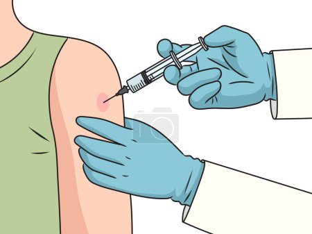 Ilustración de Vacunación. Inyección de la vacuna con una jeringa en el diagrama de hombro ilustración vectorial esquemática. Ilustración educativa de ciencias médicas - Imagen libre de derechos