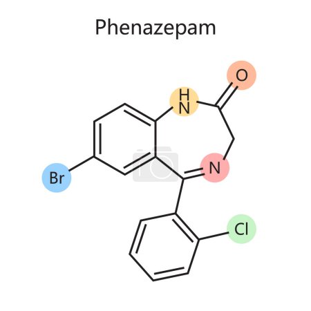 Illustration for Chemical organic formula of phenazepam diagram schematic vector illustration. Medical science educational illustration - Royalty Free Image