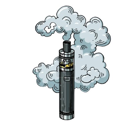 Electronic vape cigarette engraving sketch hand drawn color vector illustration. Scratch board style imitation. Hand drawn image.