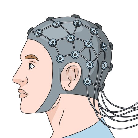 Illustration for Human with electrical sensors on head for electroencephalography diagram hand drawn schematic vector illustration. Medical science educational illustration - Royalty Free Image