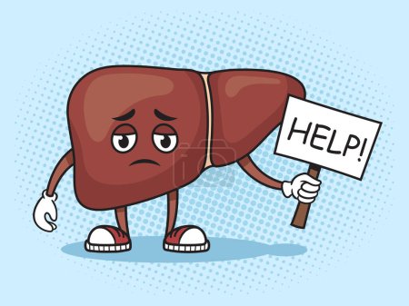 Illustration for Sad sick anatomical liver asking for help pop art retro hand drawn vector illustration. Comic book style imitation. - Royalty Free Image